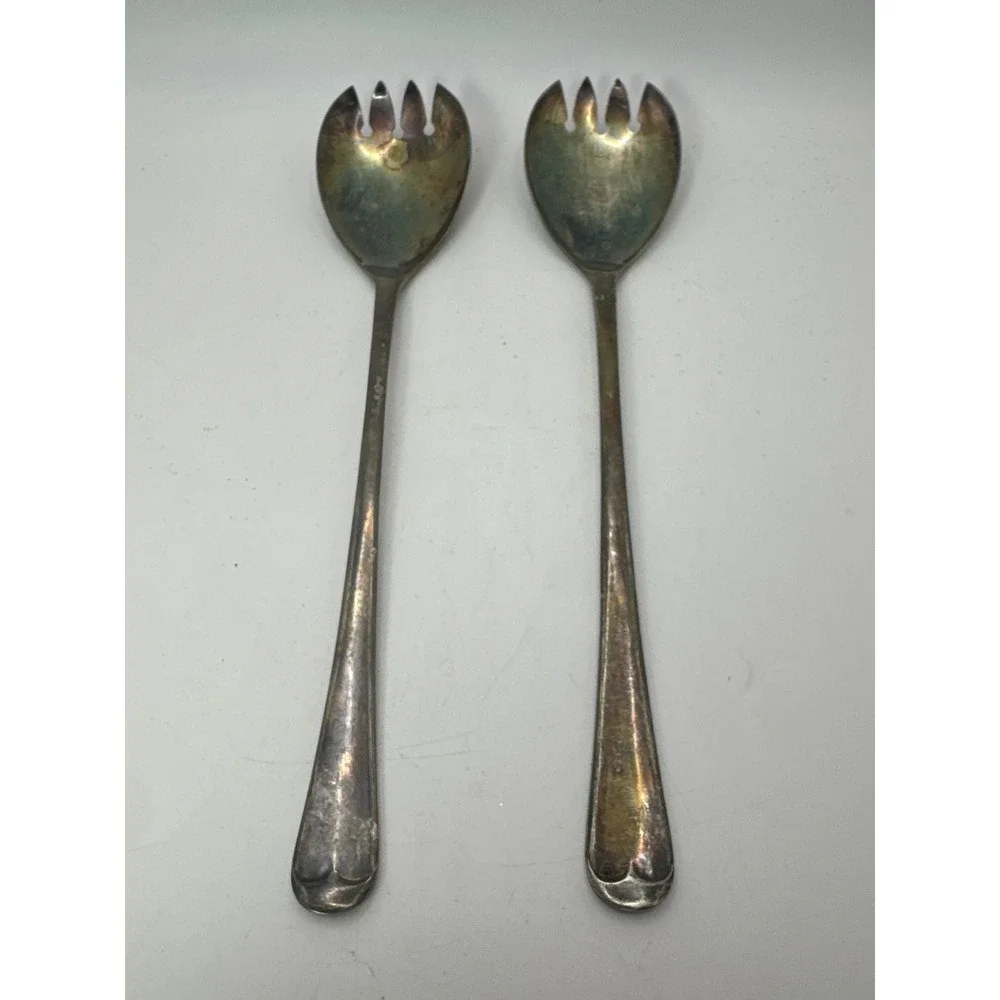 Vintage EPNS England Silver‎ Plate Salad Servers Set of 2 Spork Style 8.5 Inch